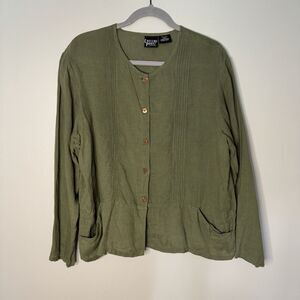 Linen Tunic Top Womens XL Olive Green Pockets Button Up Long Sleeve Lagenlook